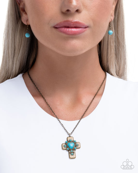 Heavenly Color - Brass & Turquoise Stone Cross Pendant Paparazzi Necklace & matching earrings