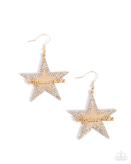 Touchdown Tribute - Gold/White Rhinestone Star & TOUCHDOWN Lettering Paparazzi Earrings