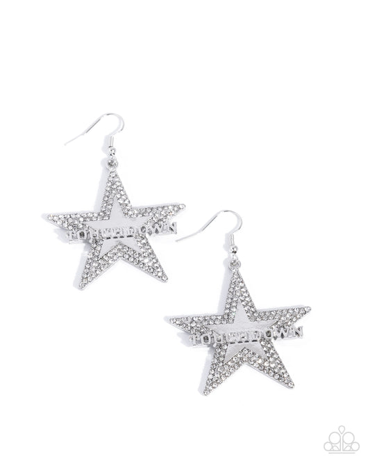 Touchdown Tribute - White Rhinestone Embellished Silver Star/"TOUCHDOWN" Lettering Paparazzi Earrings