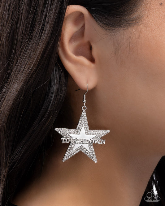 Touchdown Tribute - White Rhinestone Embellished Silver Star/"TOUCHDOWN" Lettering Paparazzi Earrings