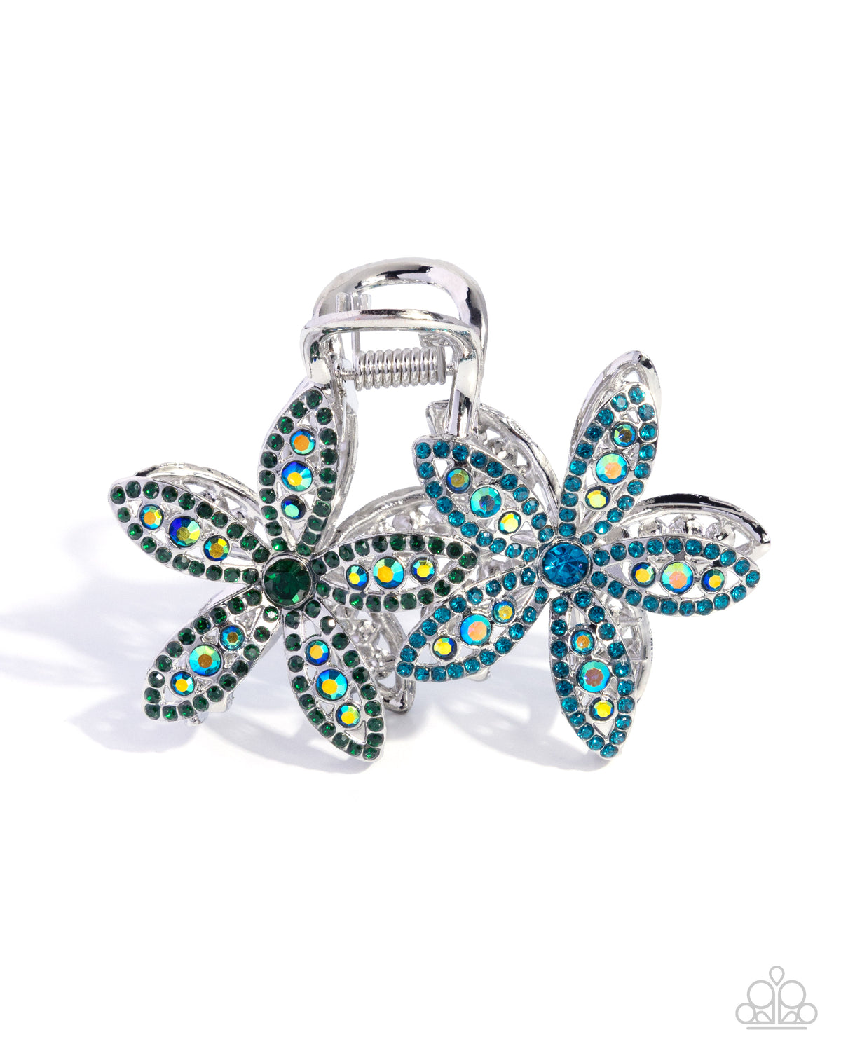 Blooming Beacon - Multicolored Rhinestone Embellished Silver Flower Paparazzi Hair Claw Clip