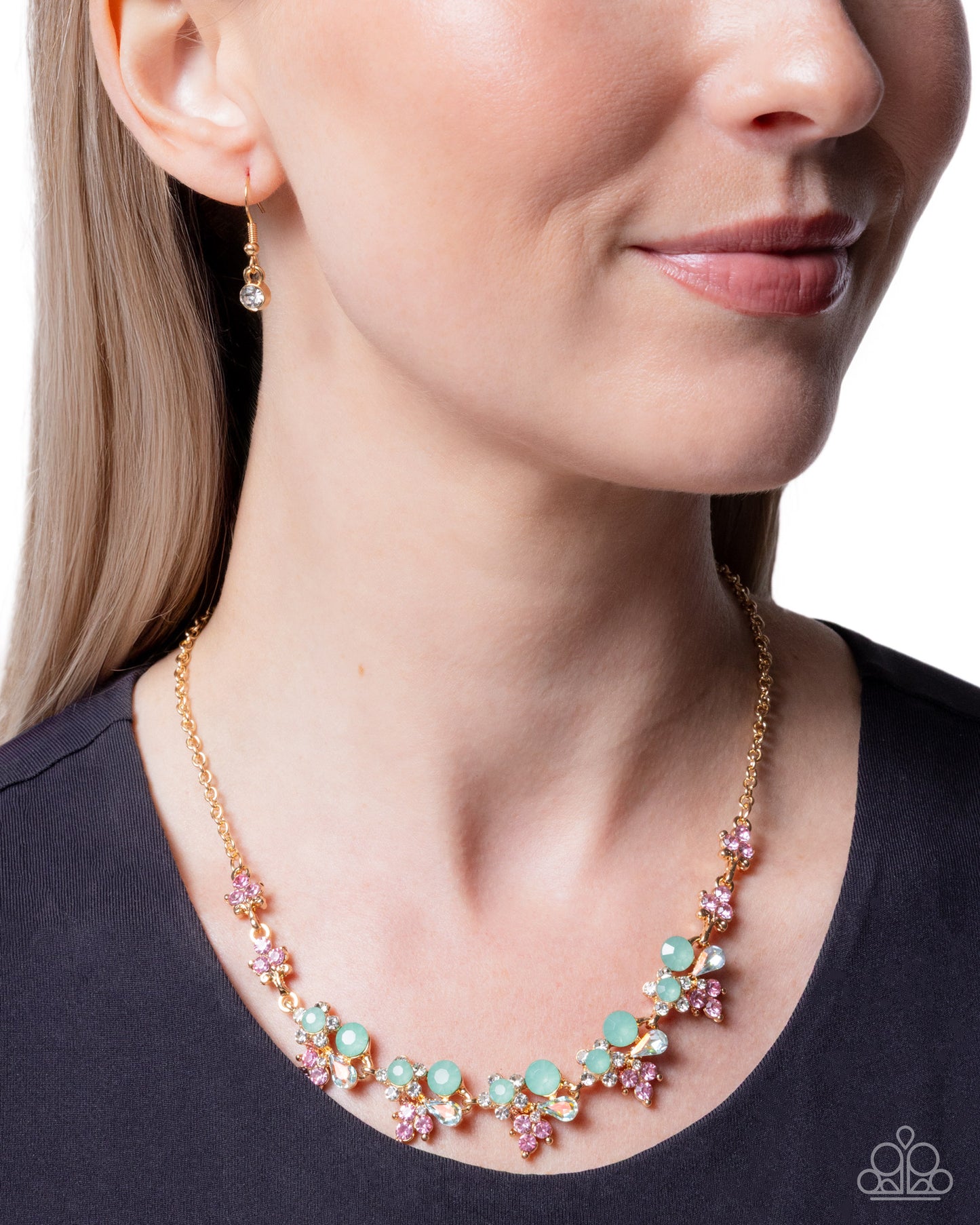 Clustered Cabaret - Green Opalescent Beads/Rhinestone Clusters Paparazzi Necklace & matching earrings