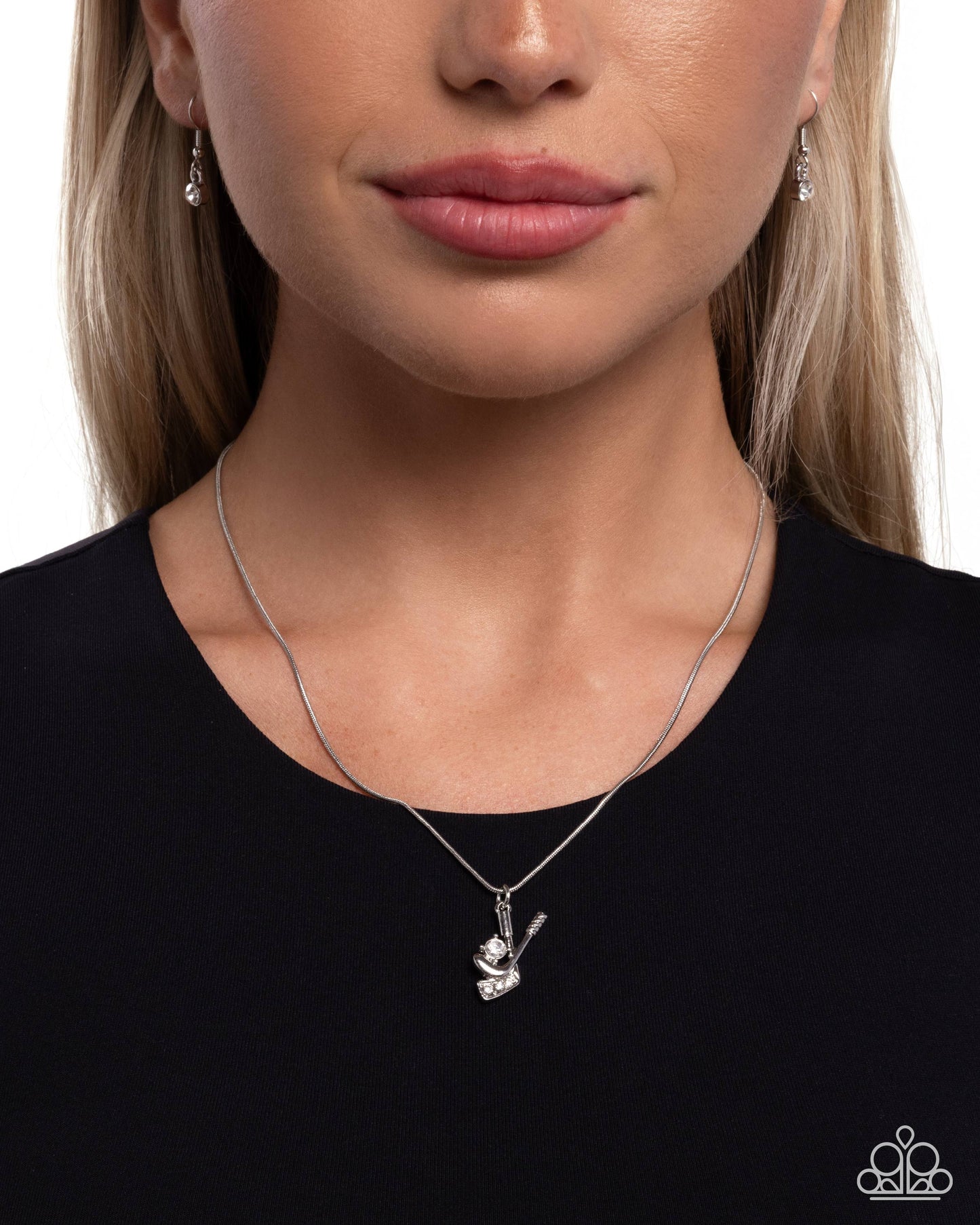 Hockey Game - White Rhinestone "Puck"/Silver Hockey Sticks Pendant Paparazzi Necklace & matching earrings