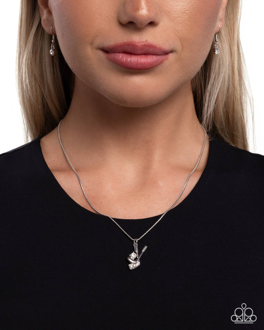 Hockey Game - White Rhinestone "Puck"/Silver Hockey Sticks Pendant Paparazzi Necklace & matching earrings
