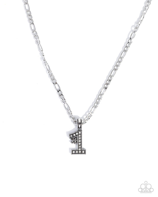 Team Number - Silver & White Rhinestone #1 Pendant Paparazzi Men's Necklace