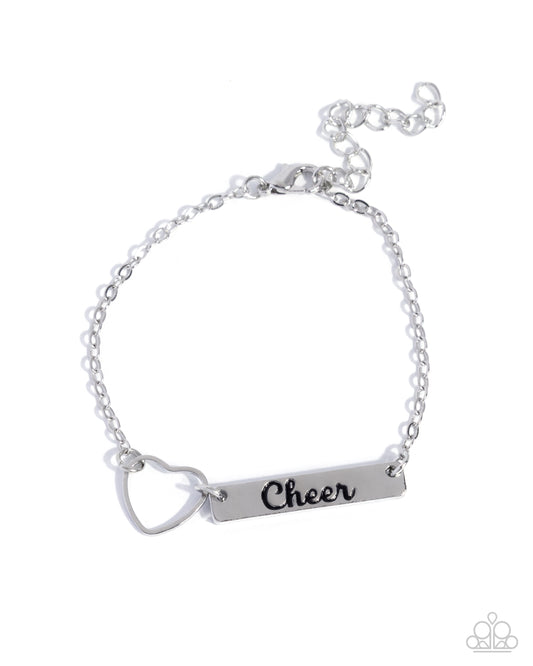 Cheer Craze - Silver Heart, "Cheer" Stamped Silver Plate Paparazzi Tennis Bracelet