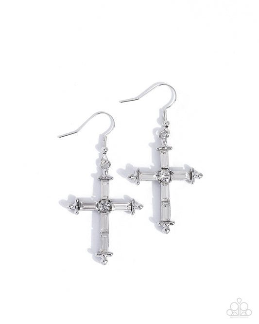 Heavenly Homage - White Gems/Silver Cross Paparazzi Earrings