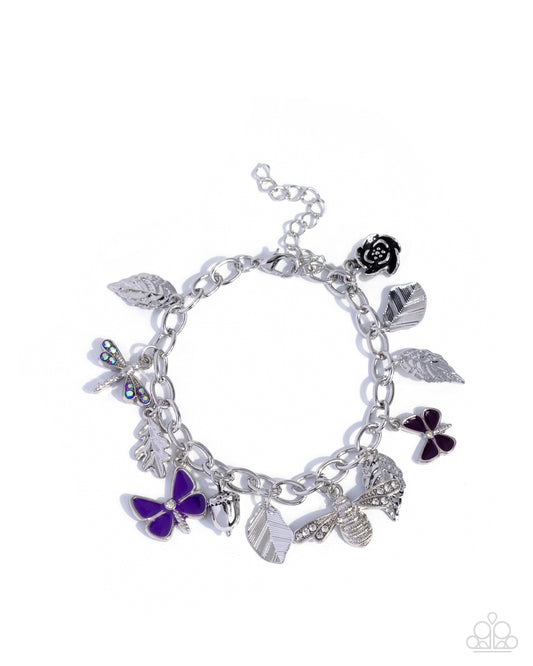 Iconic Insects - Purple Butterflies, Silver Leaves, Silver Bee Charms Paparazzi Bracelet