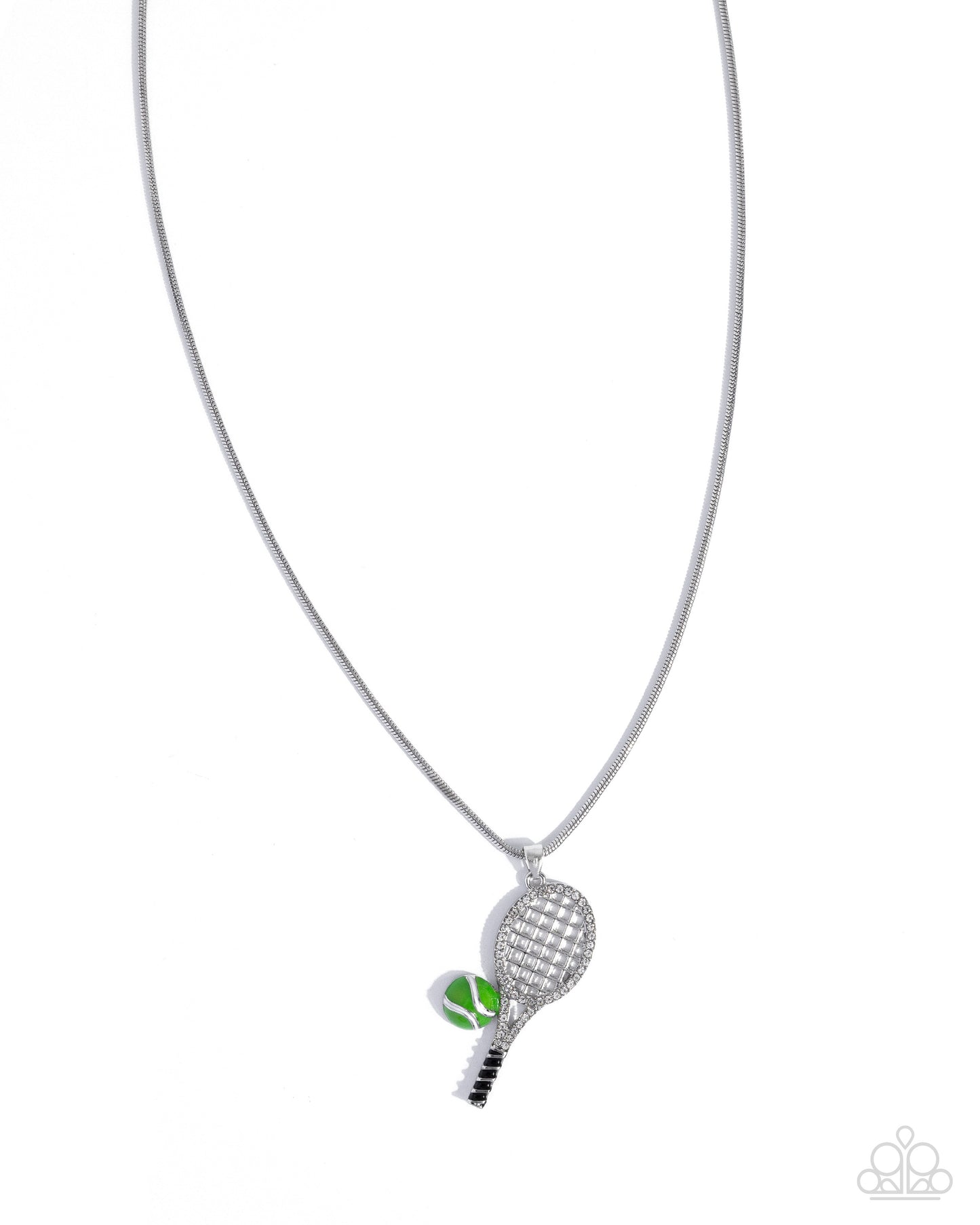 Tennis Champ - Green Tennis Ball/White Rhinestone Embellished Racket Pendant Paparazzi Necklace & matching earrings