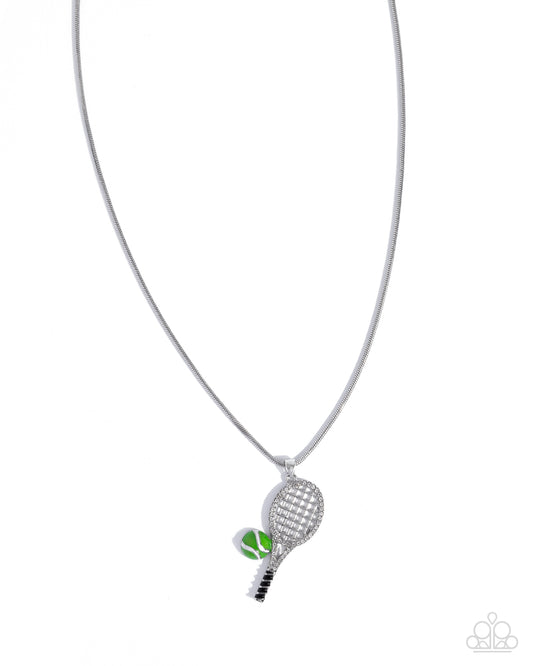 Tennis Champ - Green Tennis Ball/White Rhinestone Embellished Racket Pendant Paparazzi Necklace & matching earrings