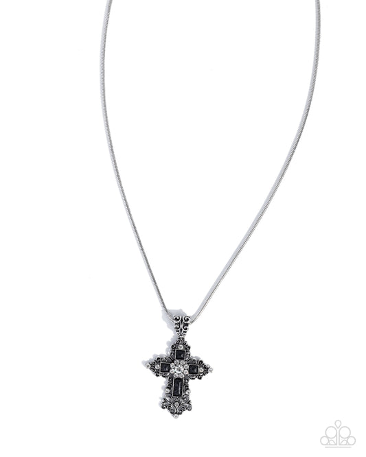 Celestial Color - Black Stones/White Rhinestones/Silver Cross Pendant Paparazzi Necklace & matching earrings
