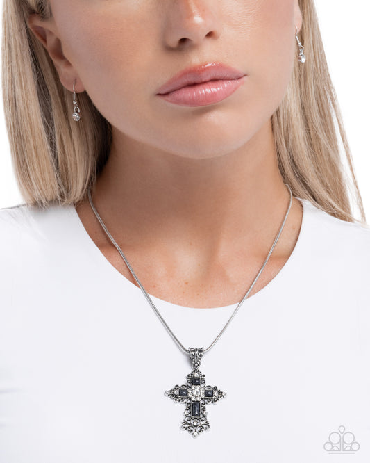 Celestial Color - Black Stones/White Rhinestones/Silver Cross Pendant Paparazzi Necklace & matching earrings