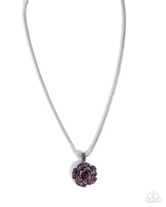Passionate Petals - Purple Rhinestone Embellished Silver Flower Pedant Paparazzi Necklace & matching earrings