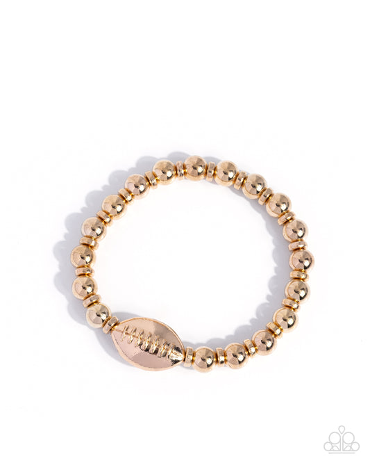 Football Flair - Gold Beads & Textured Gold Football Charm Paparazzi Stretch Bracelet