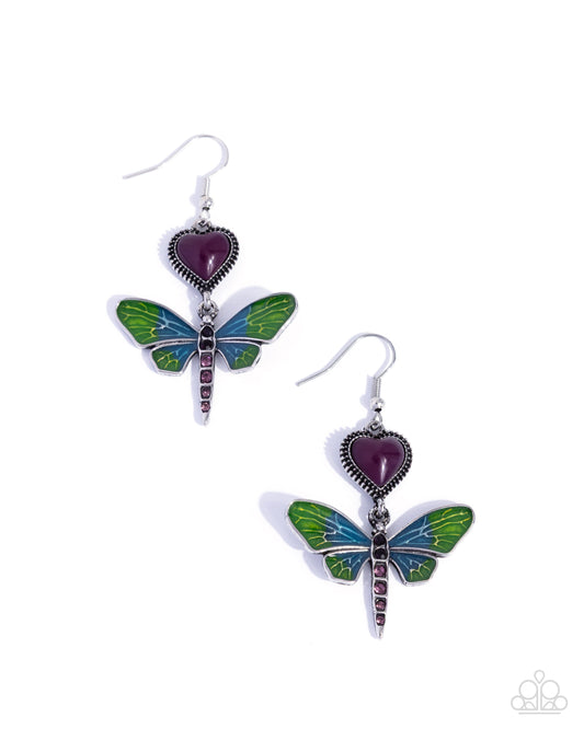 Dragonfly Devotion - Purple Heart & Multicolored Dragonfly Paparazzi Earrings