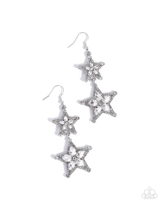 Glittery Galaxy - White Rhinestone & White Gem Embellished Silver Stars Paparazzi Earrings