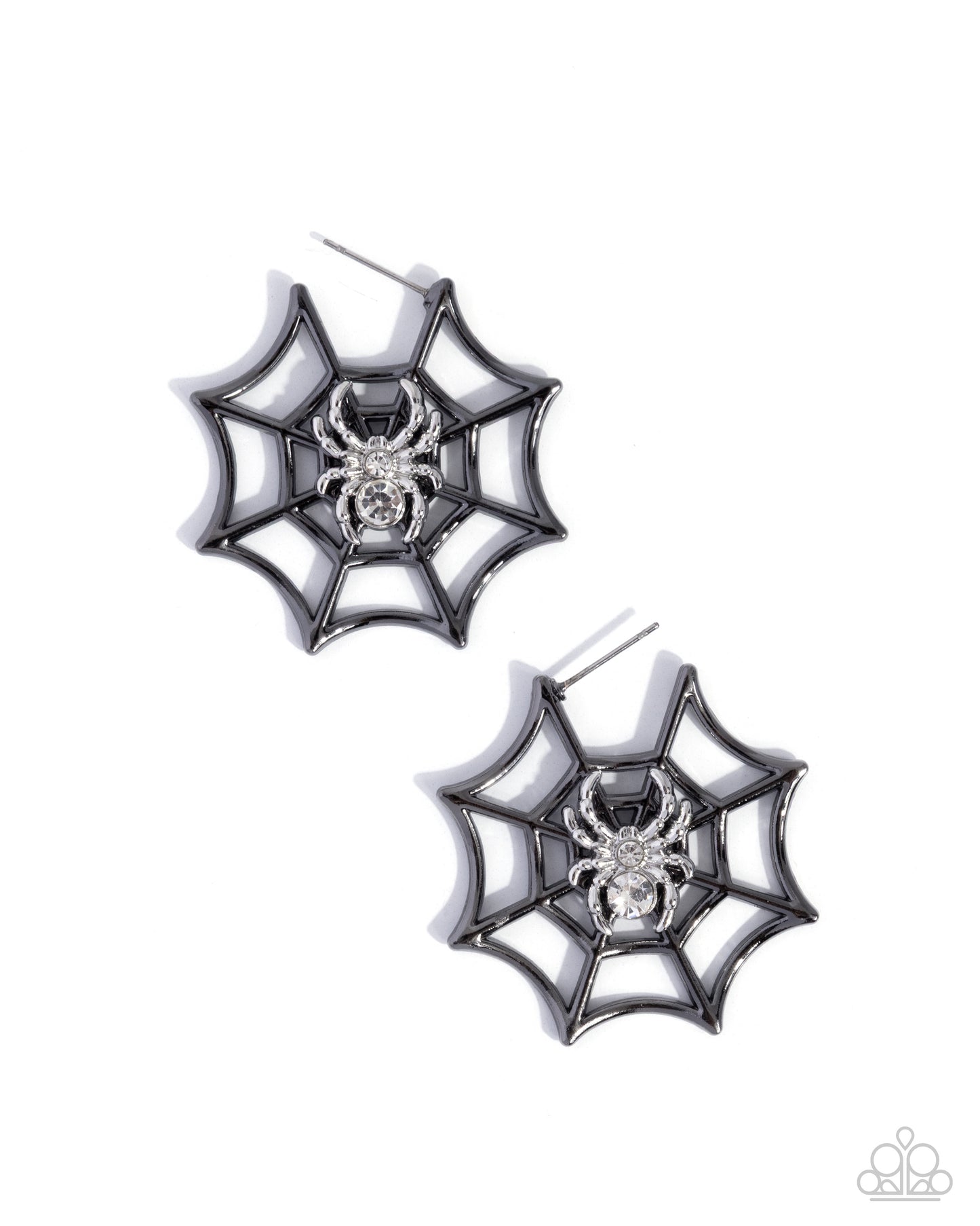 Spiderweb Showcase - Gunmetal Spiderweb/Silver & White Rhinestone Spider Paparazzi Hoop Earrings
