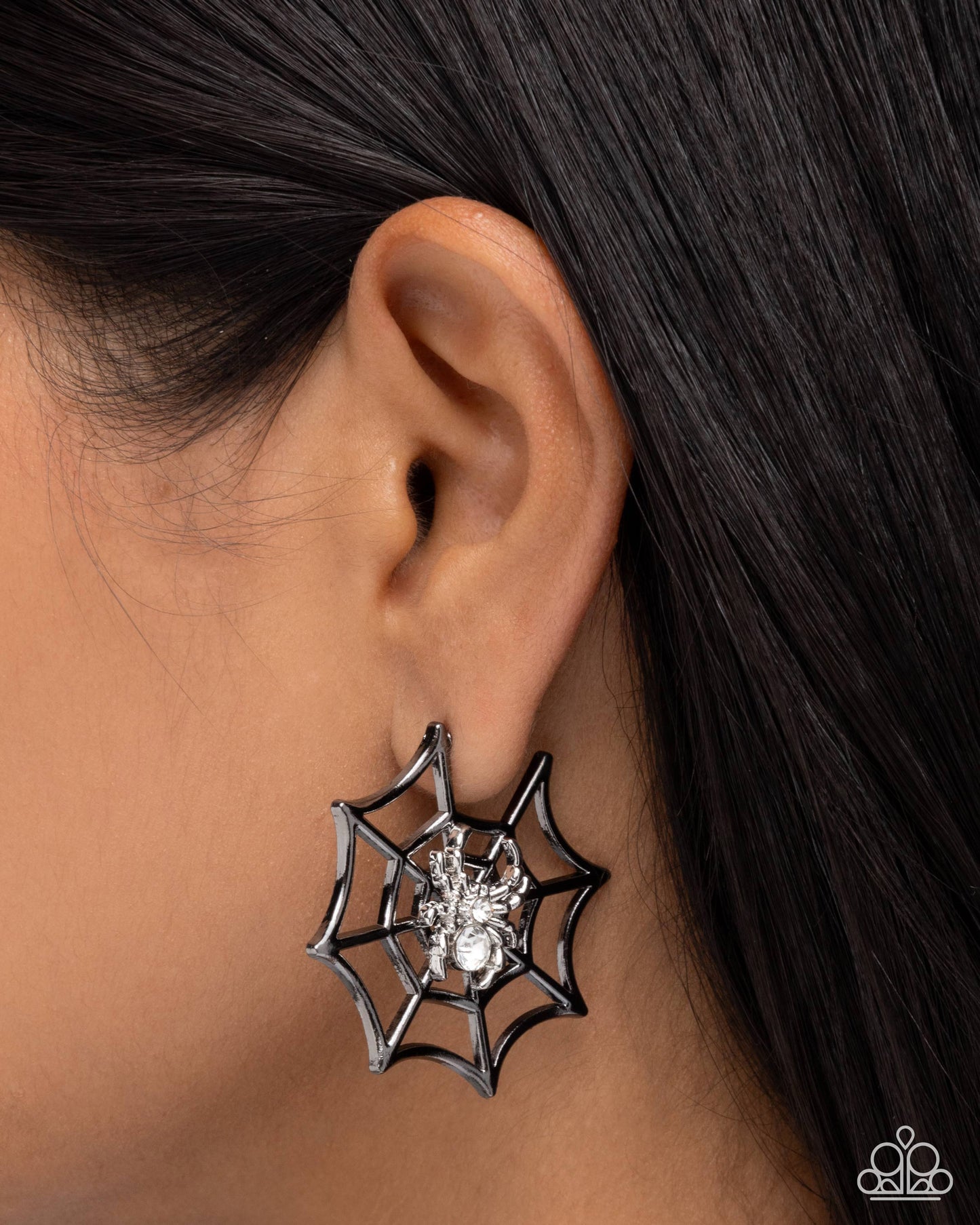 Spiderweb Showcase - Gunmetal Spiderweb/Silver & White Rhinestone Spider Paparazzi Hoop Earrings