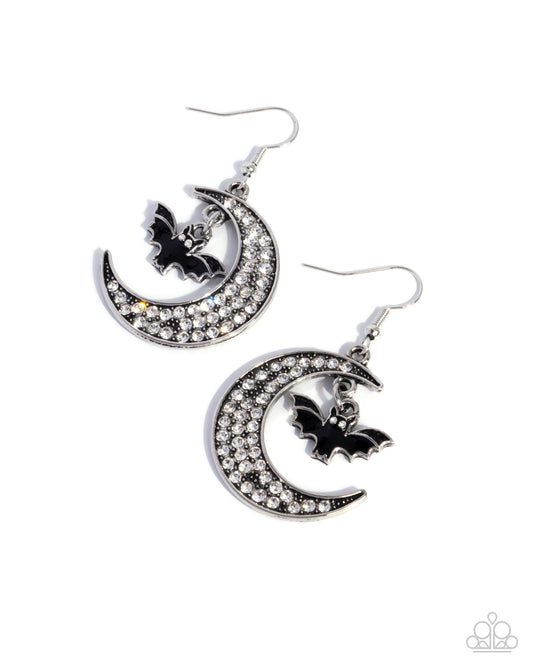 Handcrafted Halloween - Black Bat/White Rhinestone Embellished Silver Crescent Moon Paparazzi Earrings
