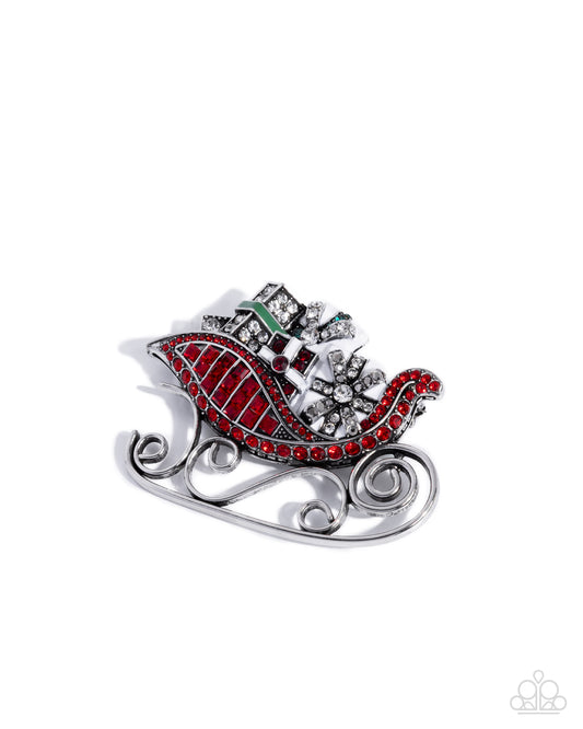 Sledding Shimmer - Red Rhinestone/Gem Embellished Silver Sleigh Paparazzi Brooch