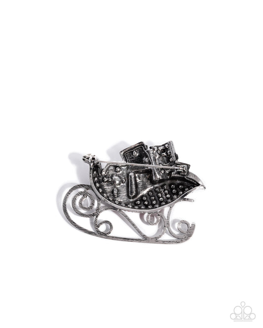Sledding Shimmer - Red Rhinestone/Gem Embellished Silver Sleigh Paparazzi Brooch