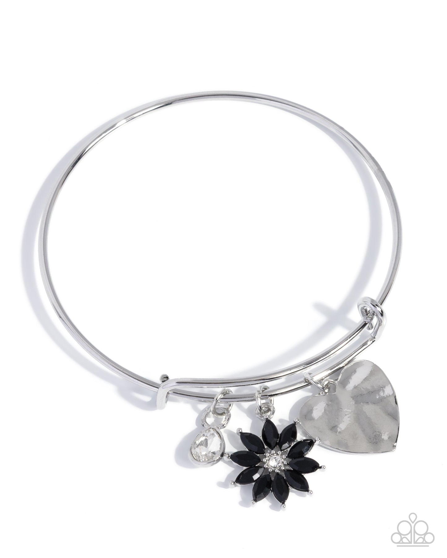 Open Opulence - Black Gem Flower, Silver Heart Paparazzi Charm Bracelet