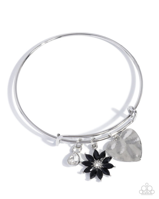 Open Opulence - Black Gem Flower, Silver Heart Paparazzi Charm Bracelet