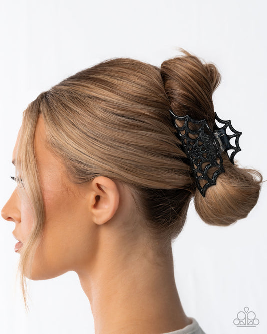 Spiderweb Season - Black & Silver Glitter Acrylic Spiderweb Paparazzi Hair Claw Clip