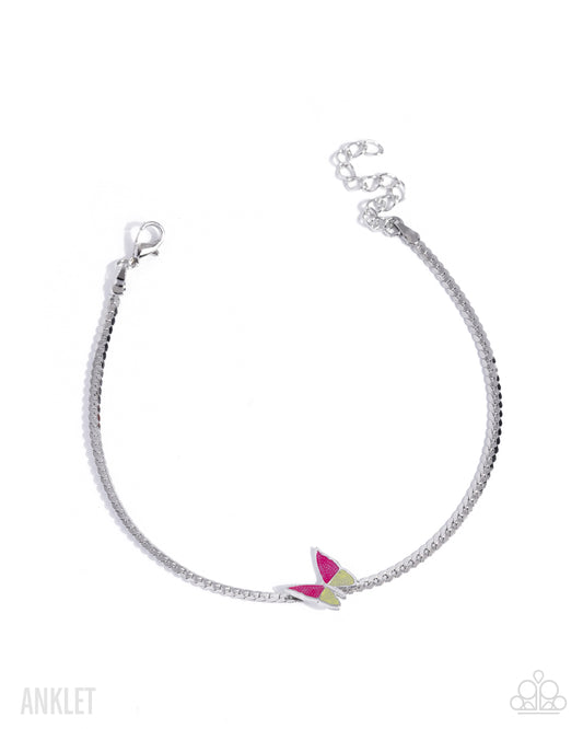 Aerial Atmosphere - Pink & Yellow Butterfly/Abstract Silver Chain Paparazzi Anklet
