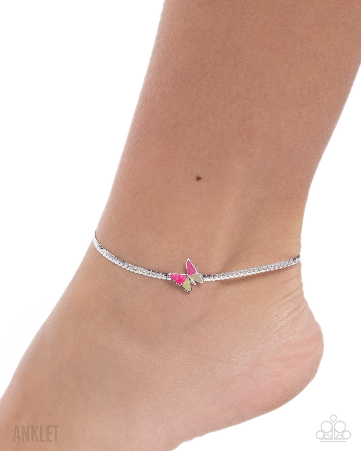 Aerial Atmosphere - Pink & Yellow Butterfly/Abstract Silver Chain Paparazzi Anklet