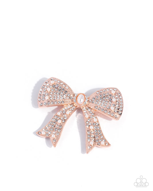 Bow Bravado - Rose Gold & White Rhinestone Bow Paparazzi Brooch