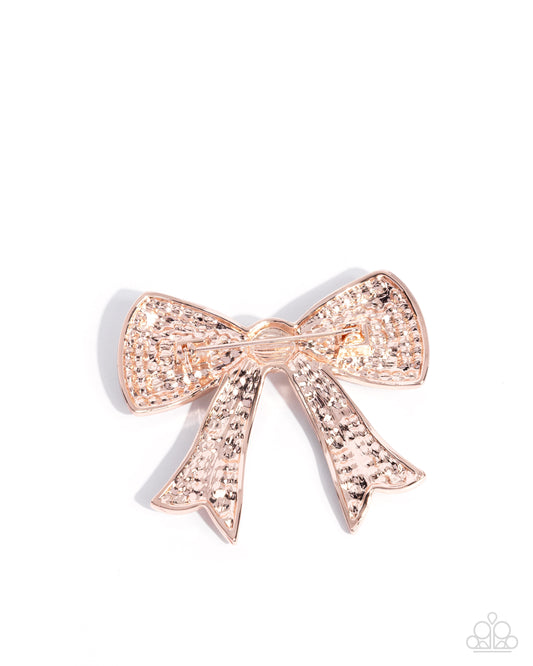 Bow Bravado - Rose Gold & White Rhinestone Bow Paparazzi Brooch