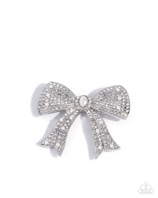 Bow Bravado - White Rhinestone Embellished Silver Bow Paparazzi Brooch