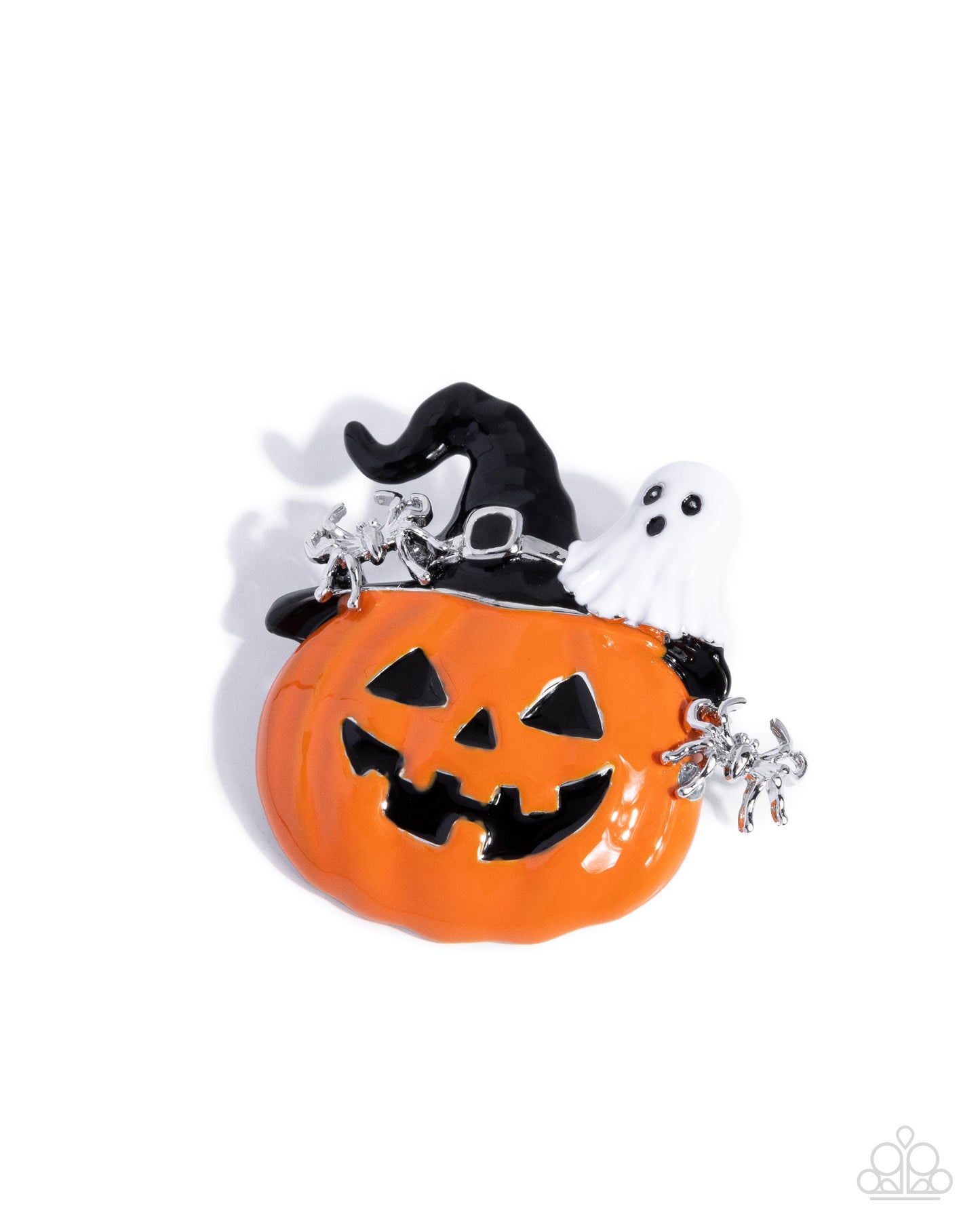Historic Halloween - Orange Jack O'Lantern/White Ghost/Silver Spiders/Black Hat Paparazzi Brooch