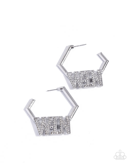 Everything to Win - White Rhinestone Embellished "WIN" Paparazzi Hoop Earrings