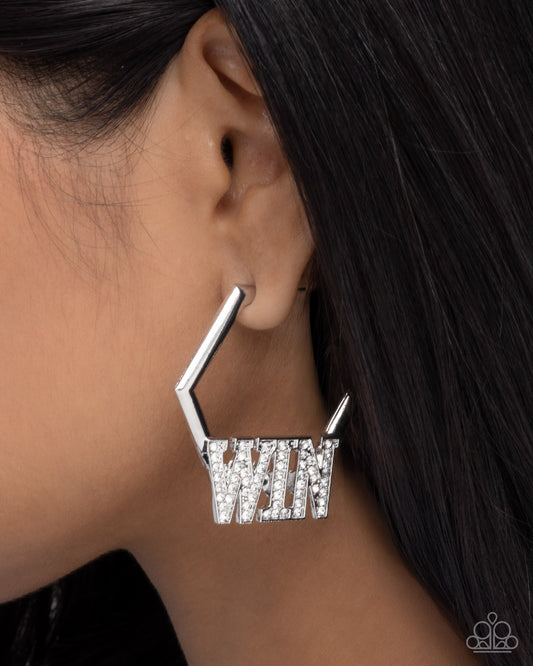 Everything to Win - White Rhinestone Embellished "WIN" Paparazzi Hoop Earrings