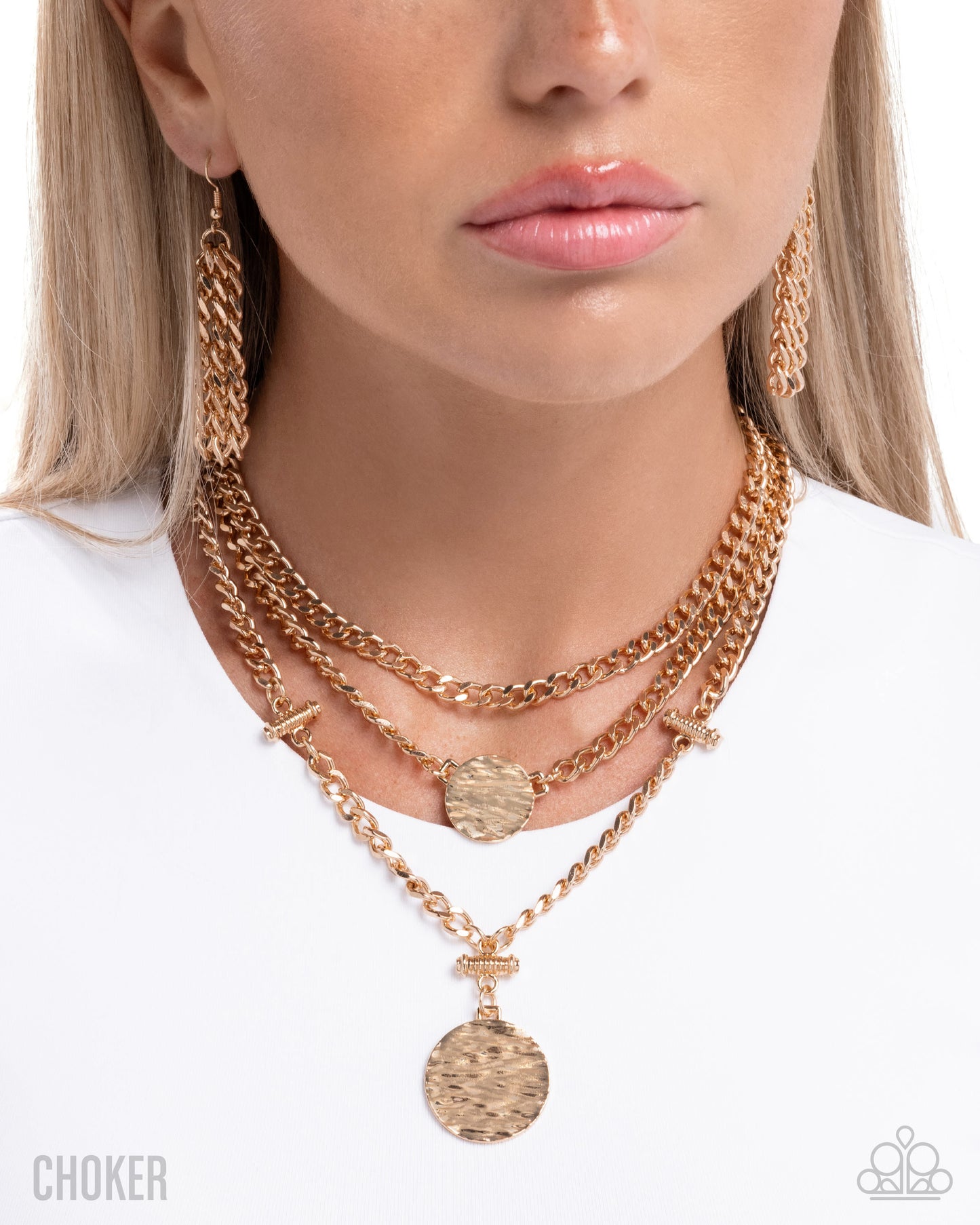 Generously Grungy - Gold Curb Chains/Gold Hammered Discs Paparazzi Necklace & matching earrings