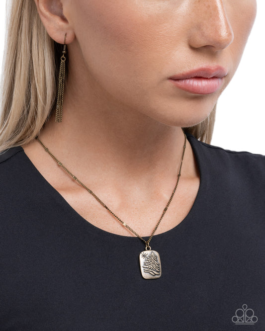 Pine Tree Prize - Brass Textured Pine Tree Embellished Pendant Paparazzi Necklace & matching earrings