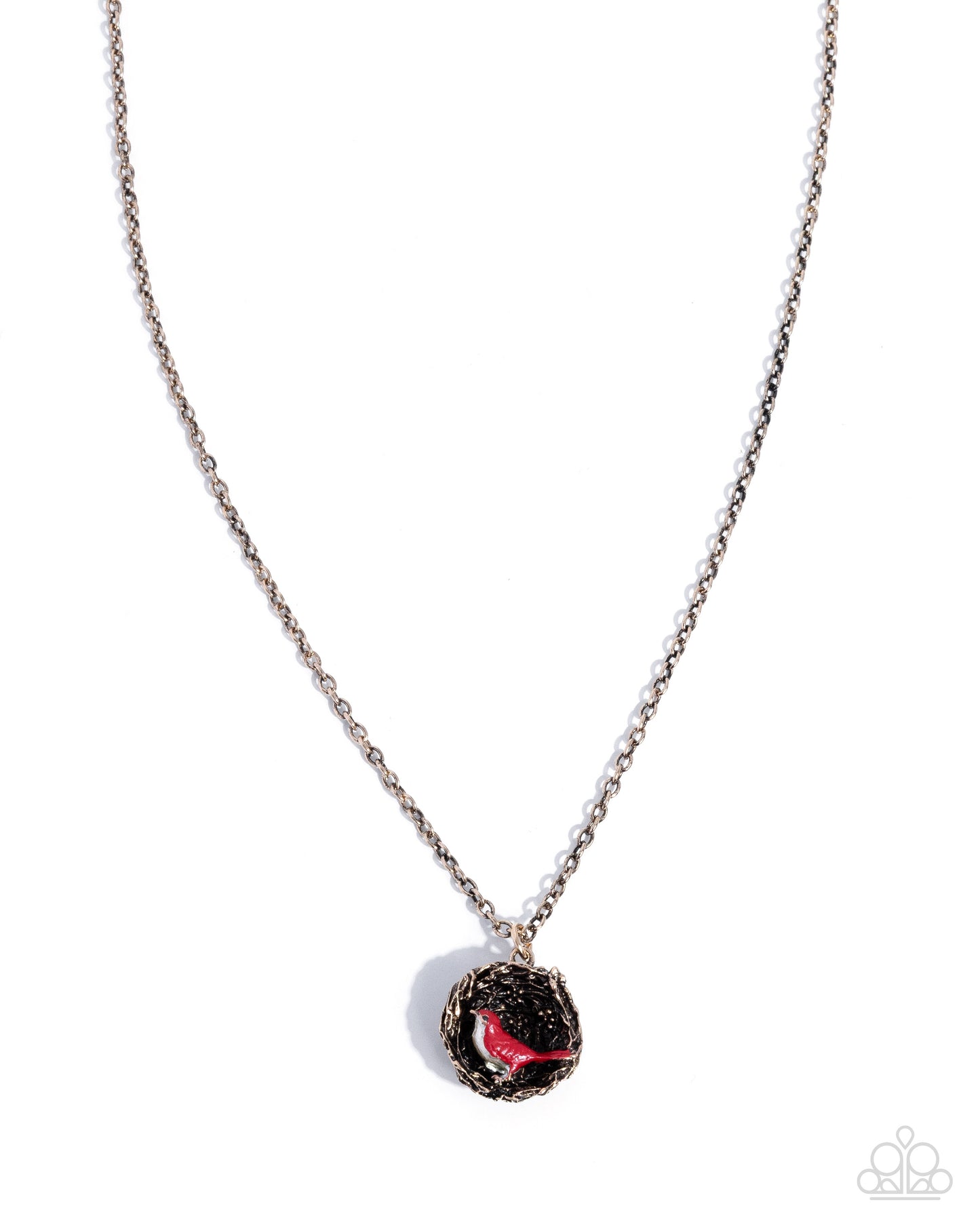 Sparrow Summer - Red Bird/Gold Bird's Nest Pendant Paparazzi Necklace & matching earrings