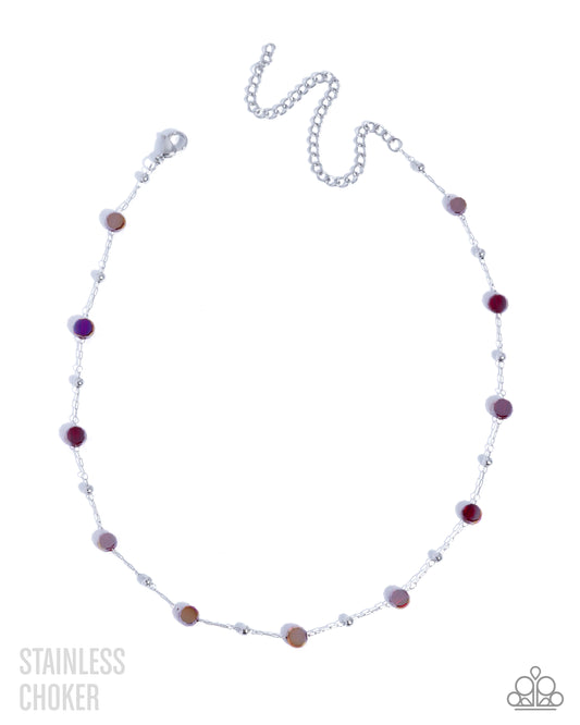 Defaced Decadence - Red Gems/Silver Stud Embellished Stainless Steel Paparazzi Choker Necklace & matching earrings