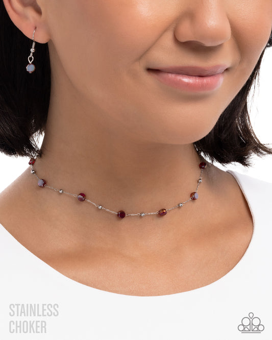 Defaced Decadence - Red Gems/Silver Stud Embellished Stainless Steel Paparazzi Choker Necklace & matching earrings