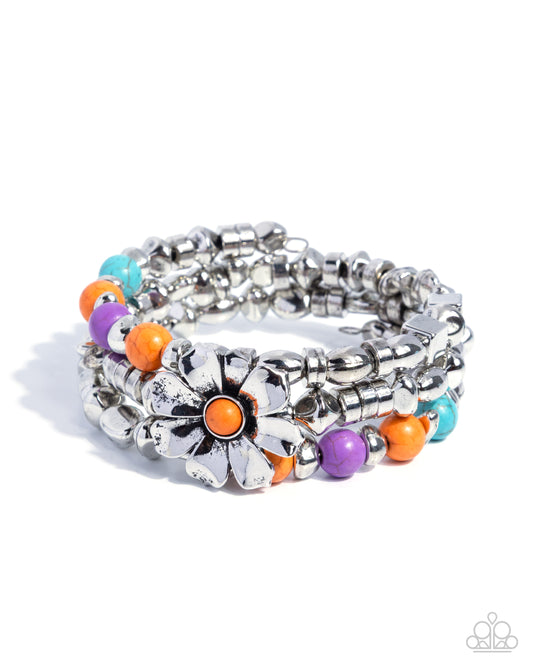 Whimsical Wire - Orange, Purple, Turquoise, & Silver Beads/Silver Flower Paparazzi Coil Bracelet
