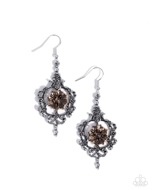 Antique Abloom - Silver Floral Filigree/Gold Floral Center/Smoky Rhinestones Paparazzi Earrings