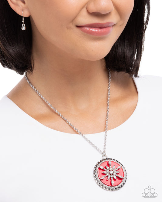 Snowflake Story - Red Backdrop/White Rhinestone Snowflake Pendant Paparazzi Necklace & matching earrings