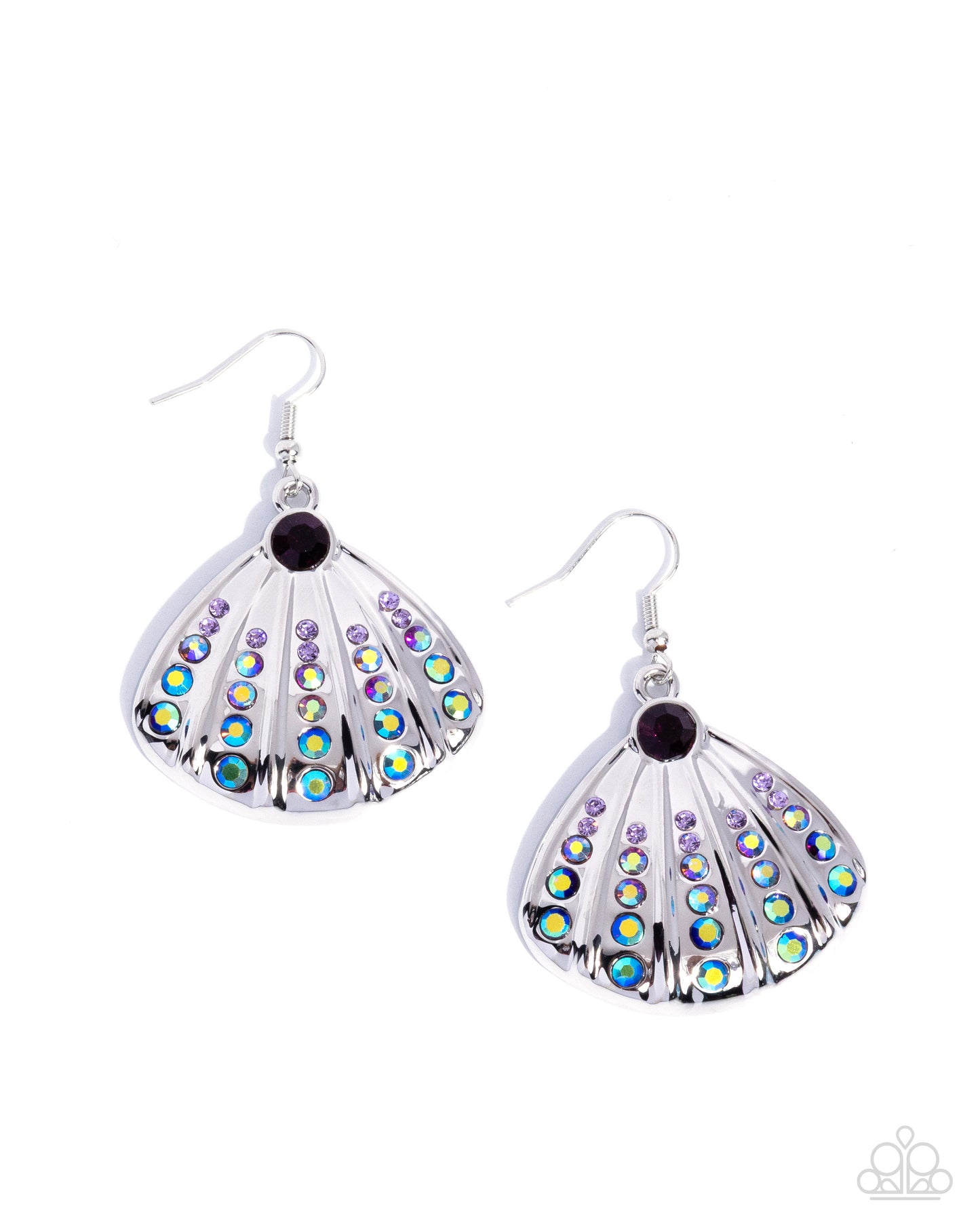 Sophisticated Seashell - Purple Iridescent Rhinestone Embellished Silver Seashell Earrings