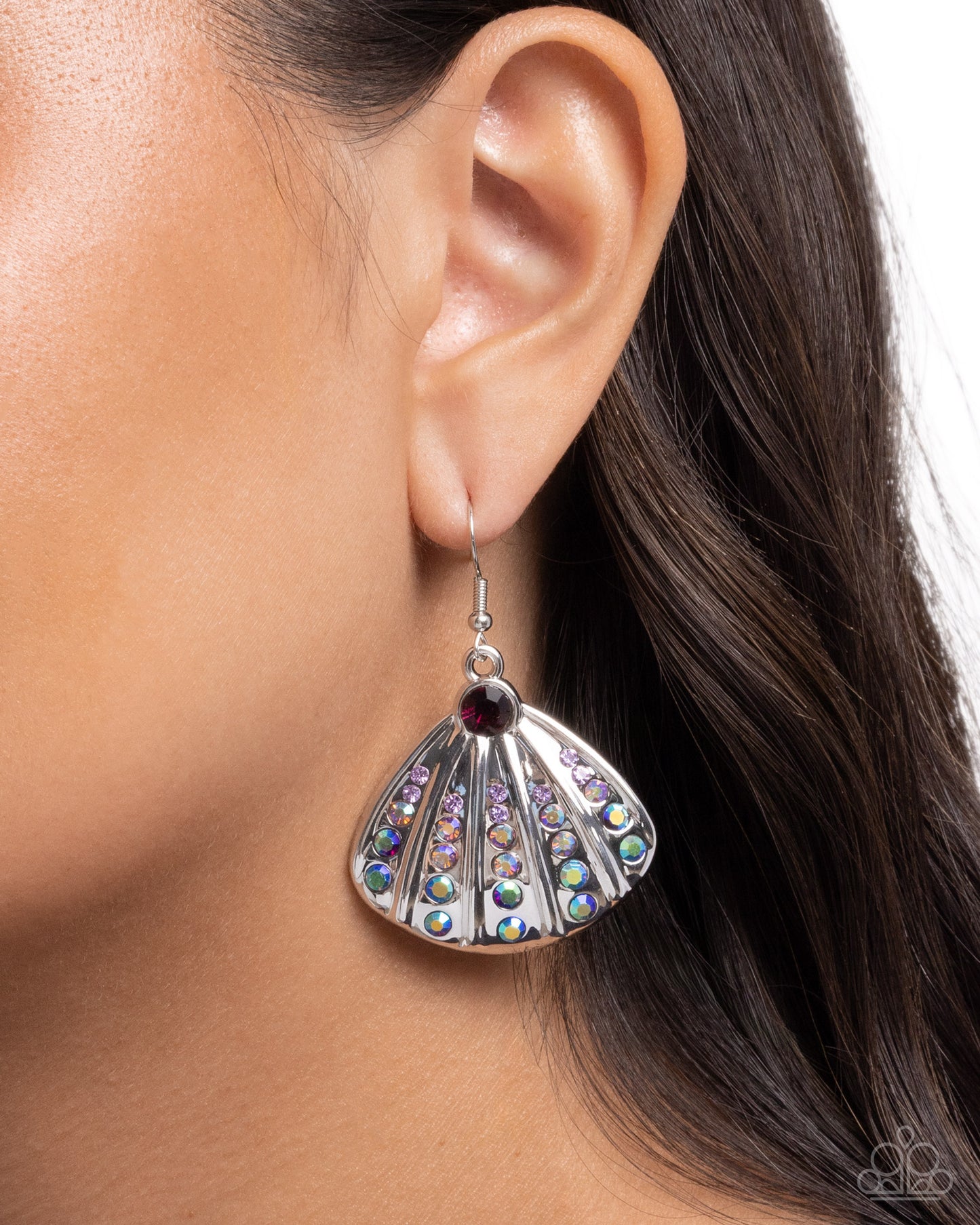 Sophisticated Seashell - Purple Iridescent Rhinestone Embellished Silver Seashell Earrings