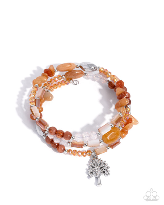 Capricious Collision - Orange Chiseled Stones, Silver Accents, Silver Tree Charm Paparazzi Coil Bracelet