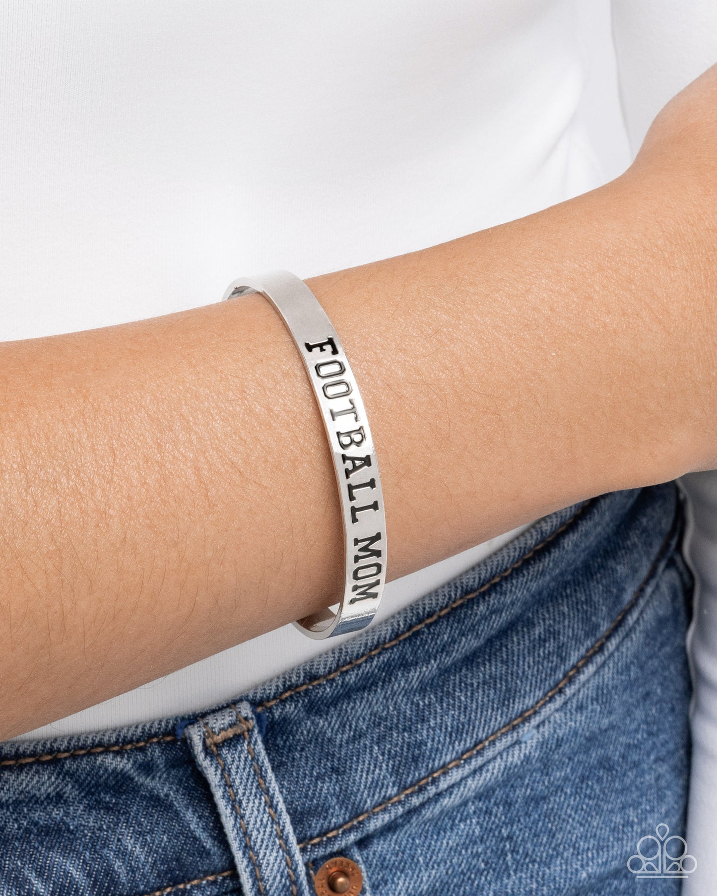 Football Mom - Silver "FOOTBALL MOM" Stamped Paparazzi Cuff Bracelet