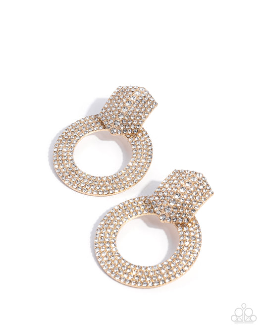 Sparkly Safeguard - Gold & White Rhinestone Paparazzi Post Earrings
