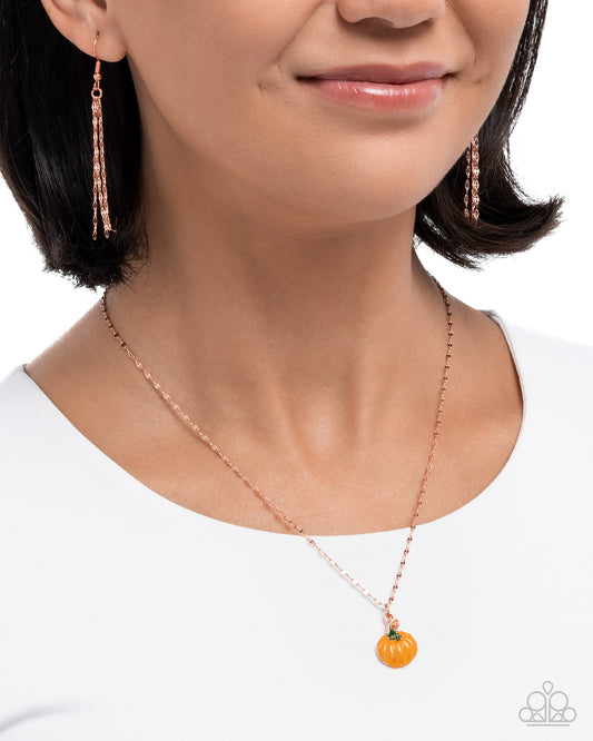 Pumpkin Patch - Copper Chain/Orange Painted Pumpkin Pendant Paparazzi Necklace & matching earrings